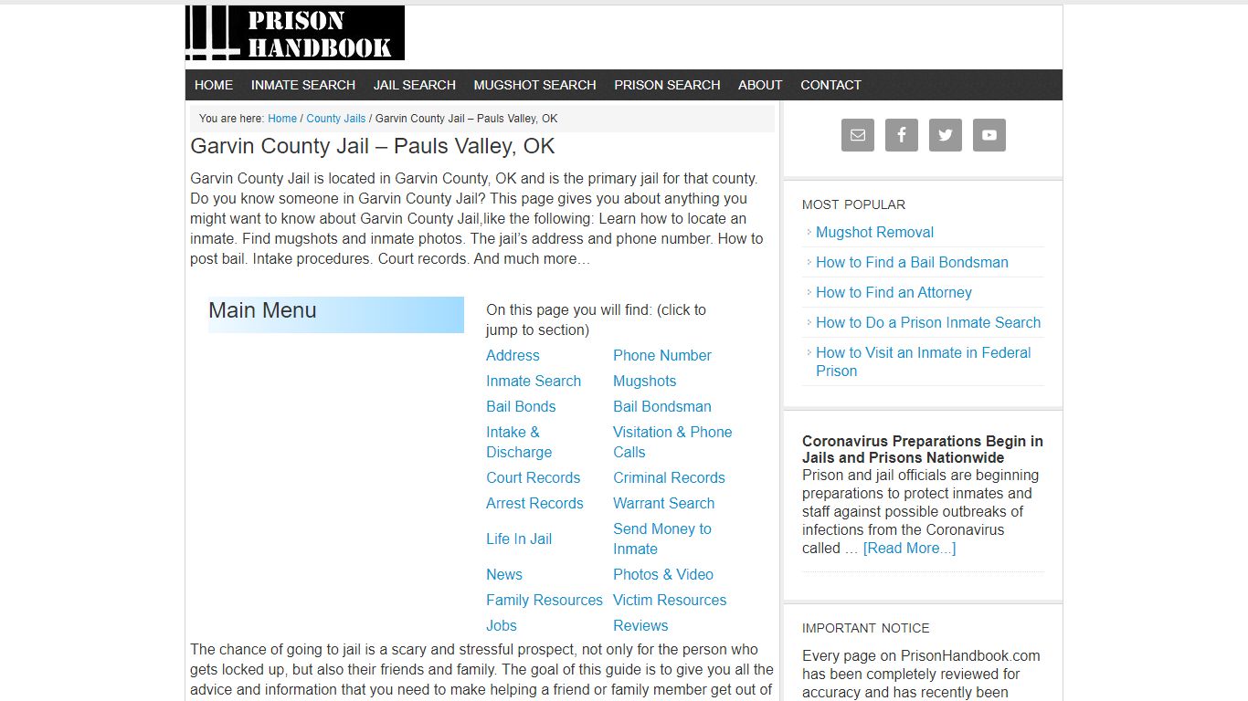 Garvin County Jail – Pauls Valley, OK - Prison Handbook